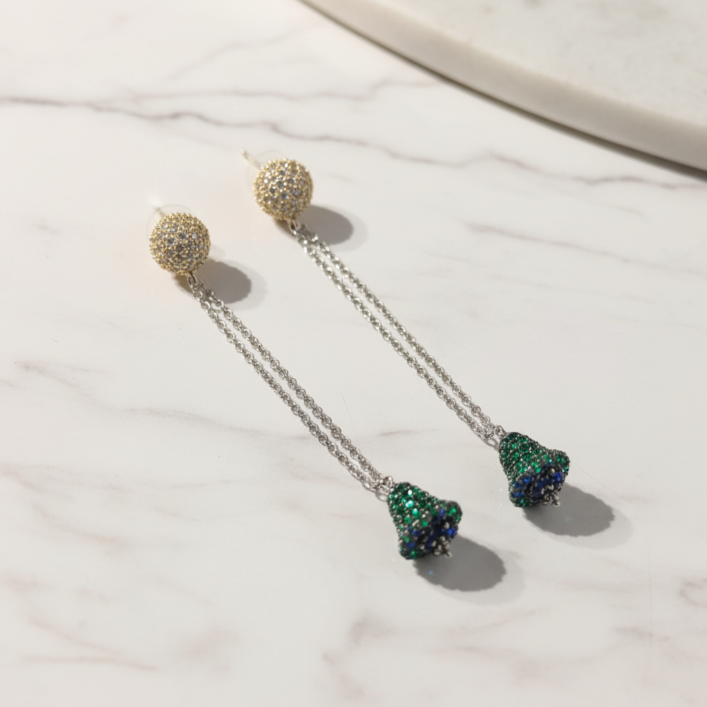 Gold Pavé Chain Drop Earrings – luxury flat lay on marble