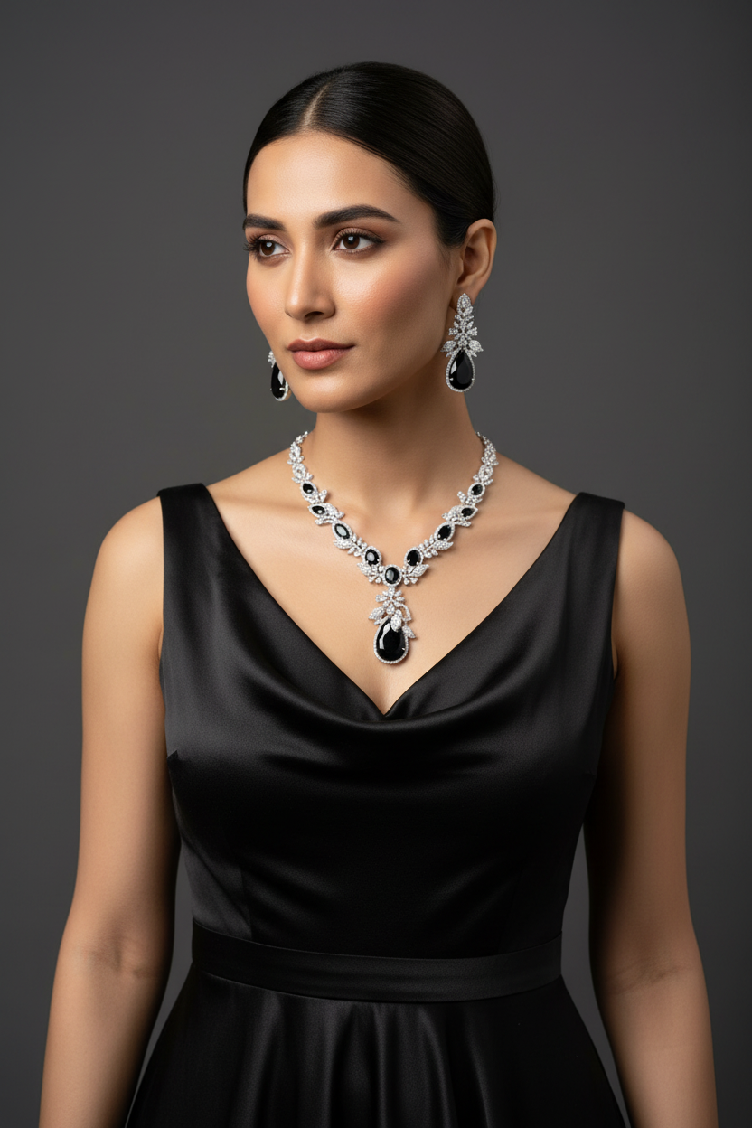 Lifestyle shot — model wearing white AD and black onyx floral leaf pendant necklace set