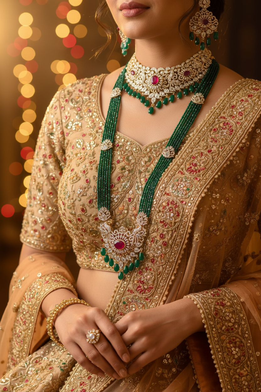 Emerald Peacock Long Necklace Set - Bridal Lifestyle