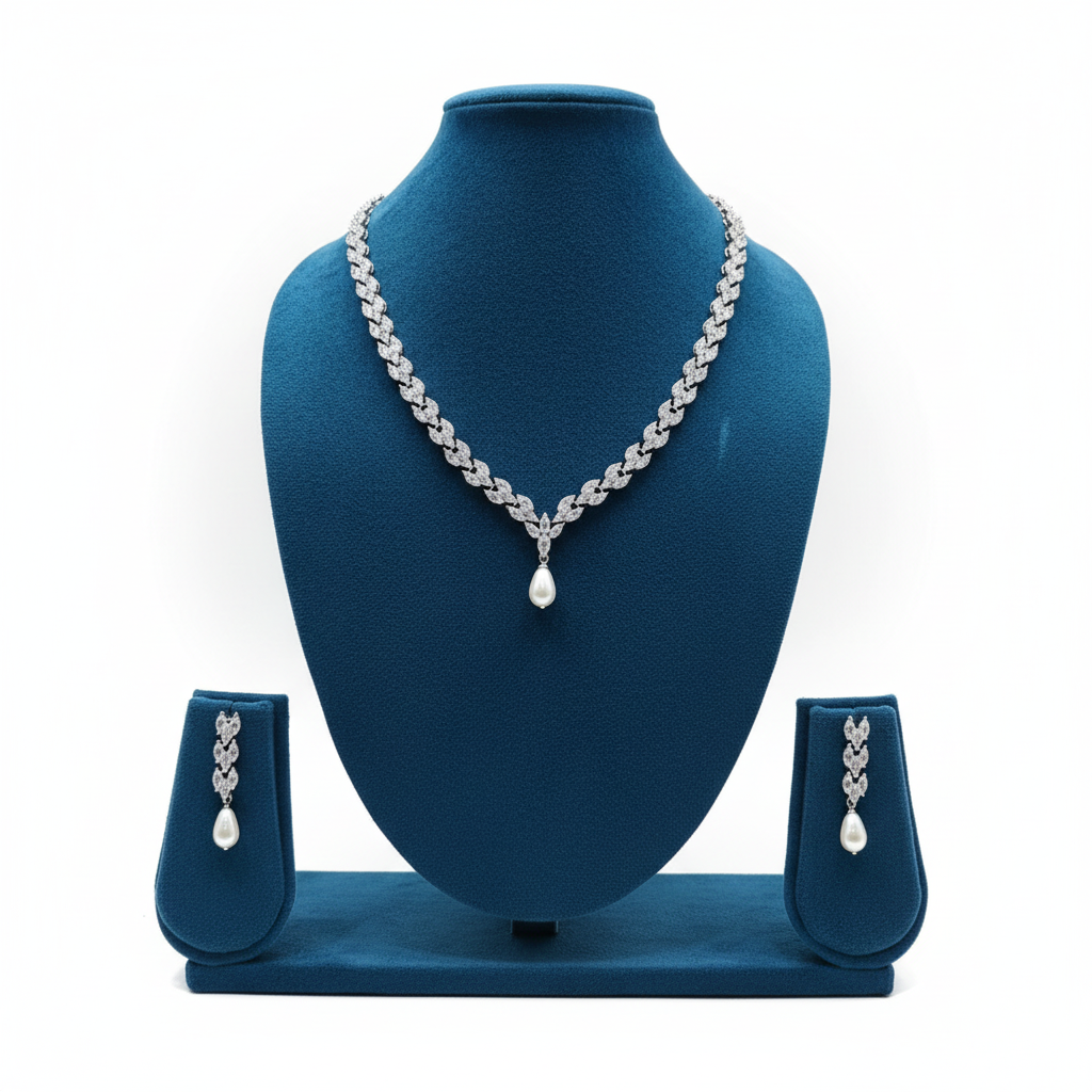 Pearl Drop AD Diamond Necklace Set - Studio Promotional Shot