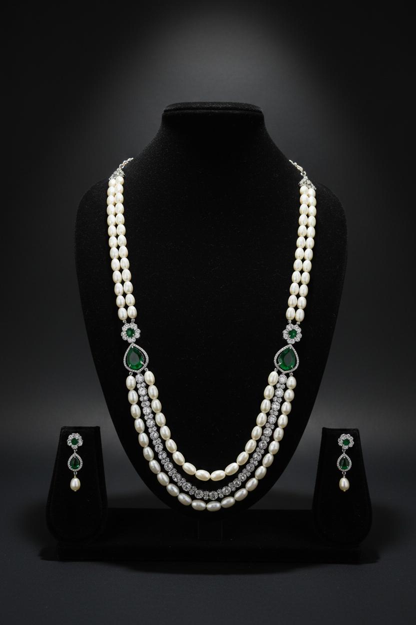 2-strand pearl long necklace with emerald AD stations on dark velvet studio display