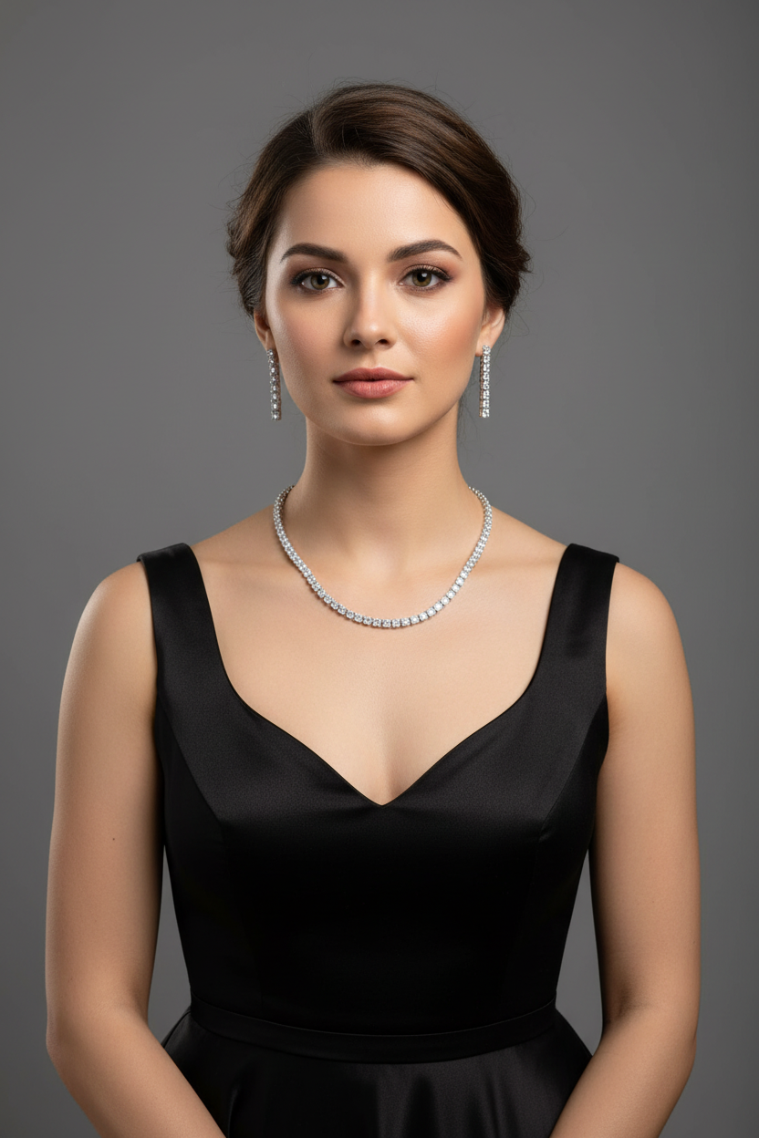 Lifestyle shot — model wearing white AD graduated tennis necklace set with linear bar earrings