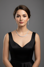 Lifestyle shot — model wearing white AD graduated tennis necklace set with linear bar earrings