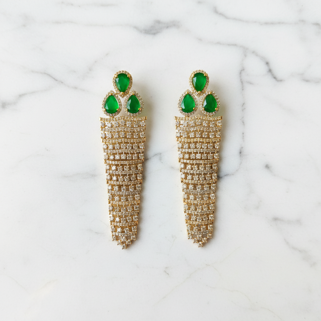 Gold AD Emerald Green CZ Curtain Tassel Earrings - Studio Promotional Shot