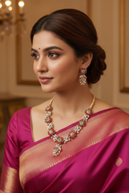 Lifestyle shot — model wearing ruby pink floral and jade green AD leaf necklace set