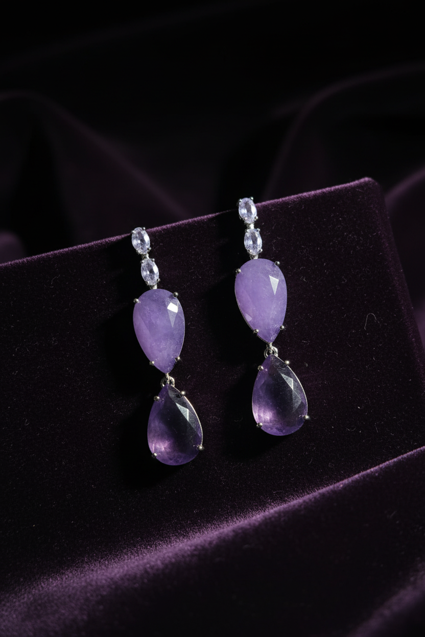Lavender Jade Teardrop Drop Earrings – dark velvet luxury editorial promotional image