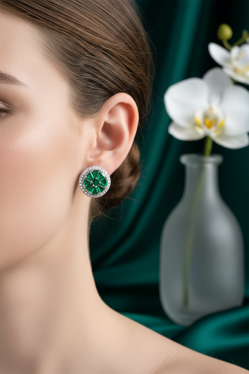 92.5 Sterling Silver Emerald Green Princess-Cut Cluster Halo Stud Earrings lifestyle editorial shot