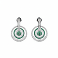 Emerald and diamond circle drop earrings on white background studio shot
