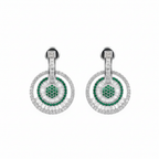 Emerald and diamond circle drop earrings on white background studio shot