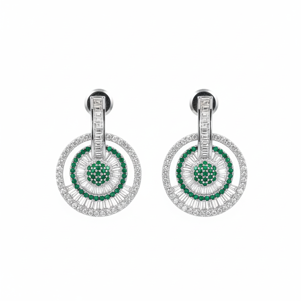 Emerald and diamond circle drop earrings on white background studio shot