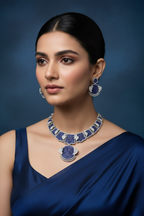 Lifestyle shot — model wearing sapphire blue and white AD art deco panel choker necklace set