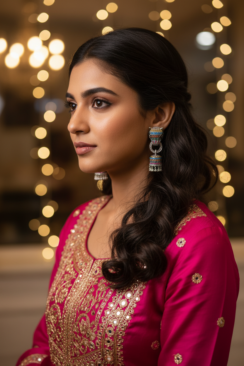 Rainbow CZ Panther Jhumka Earrings – lifestyle editorial look