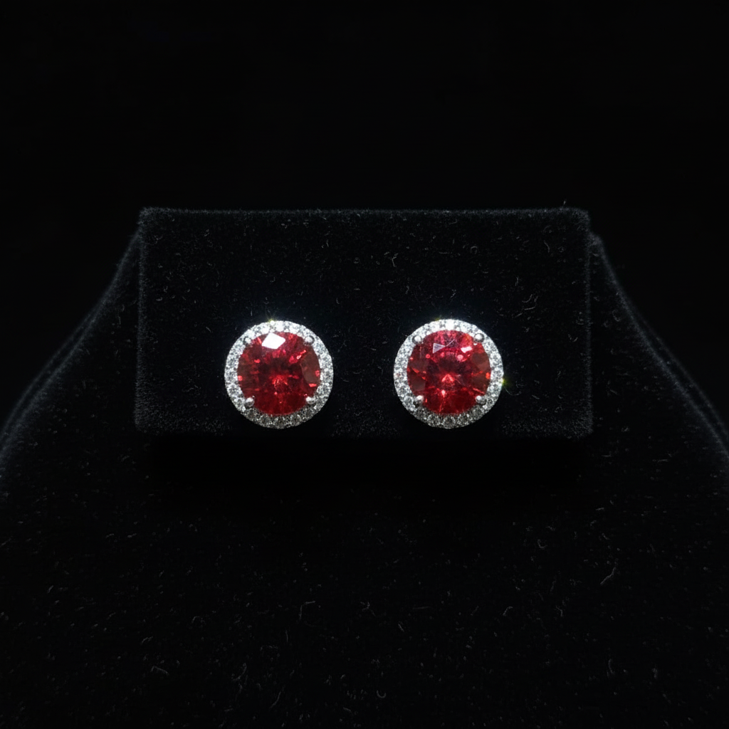 Ruby red CZ round halo stud earrings on black velvet - dark editorial style