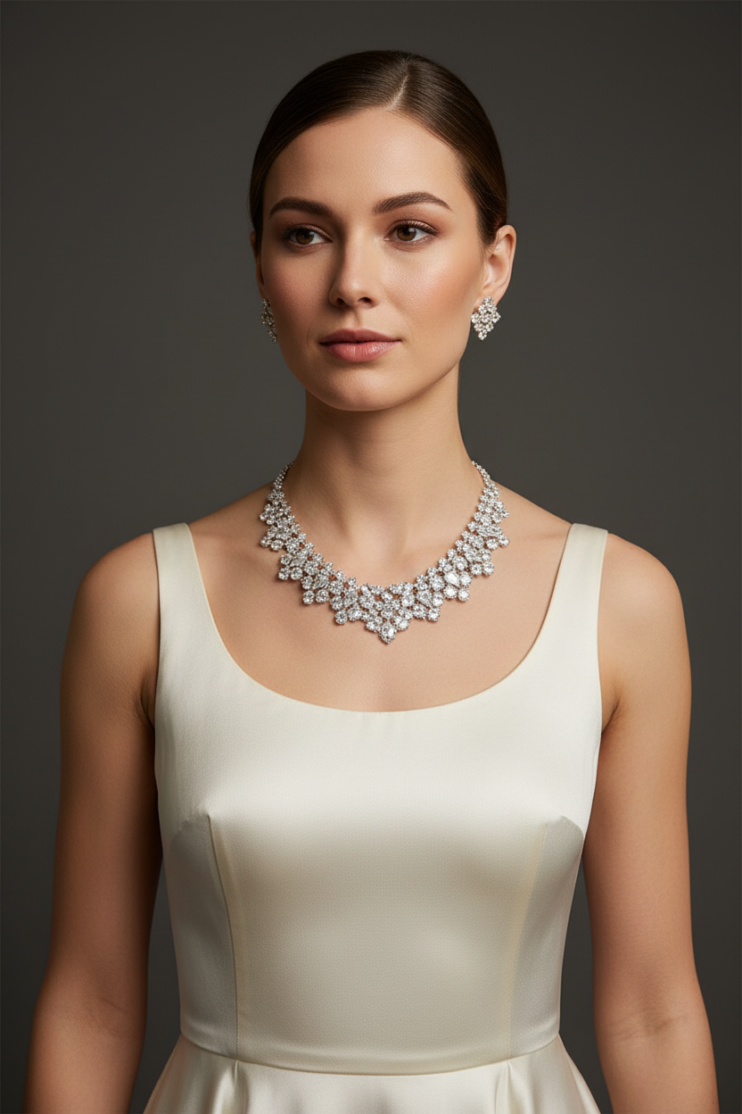 Lifestyle shot — model wearing white AD multi-cut cluster graduated statement necklace set