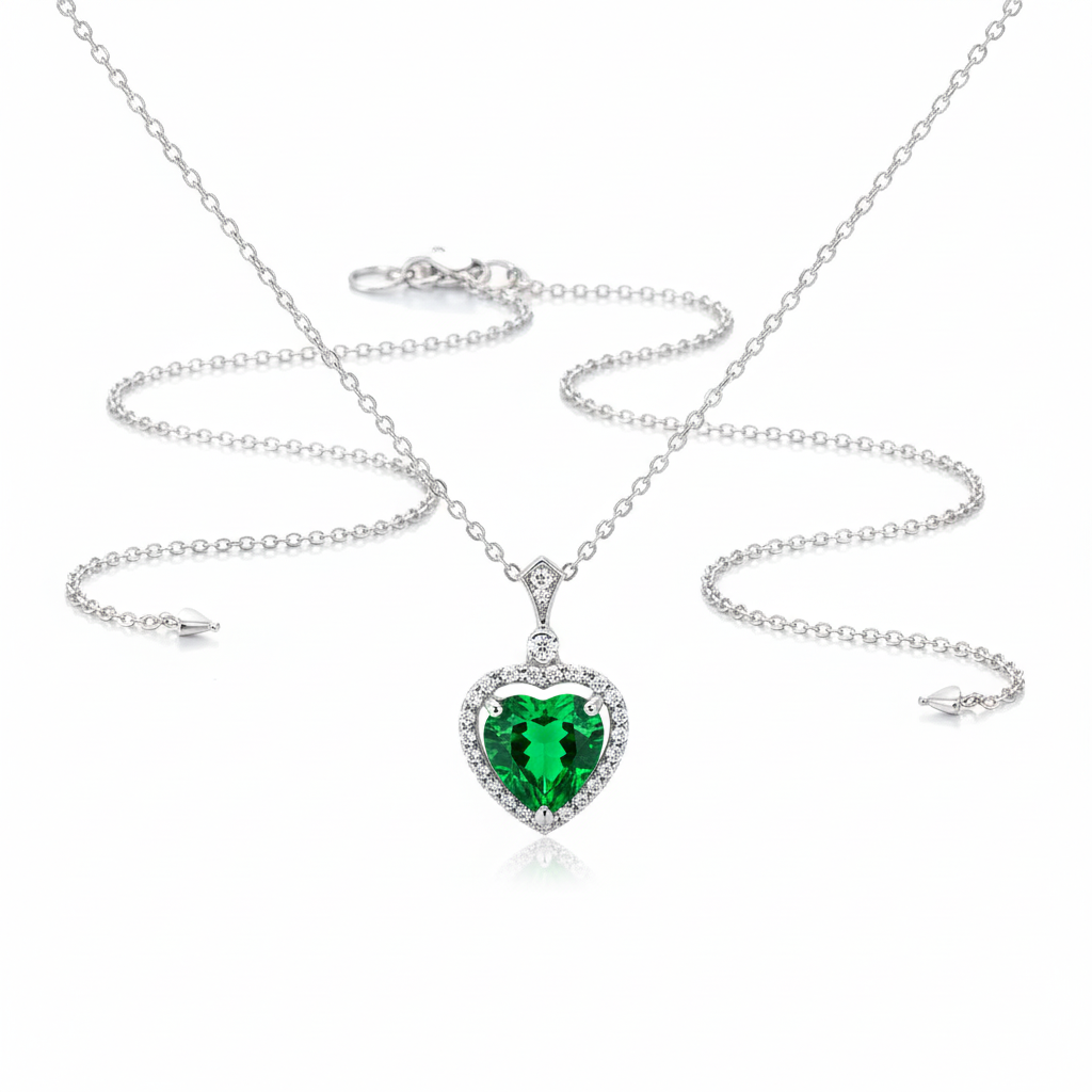 Emerald Green Heart CZ Chain Pendant - Studio White Background