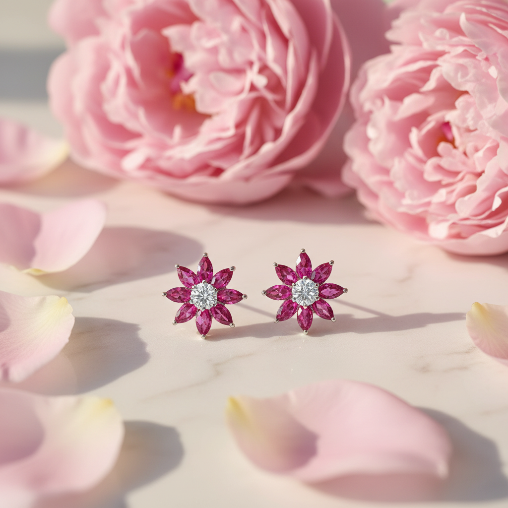 Ruby pink CZ floral star stud earrings on white marble with rose petals and peonies - romantic lifestyle style