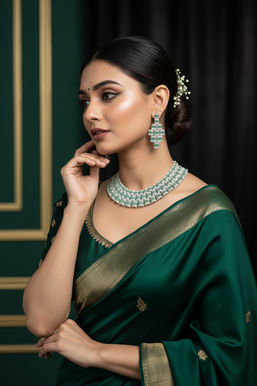 Bridal lifestyle — model wearing emerald and diamond AD geometric grid bib choker set
