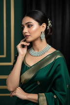Bridal lifestyle — model wearing emerald and diamond AD geometric grid bib choker set