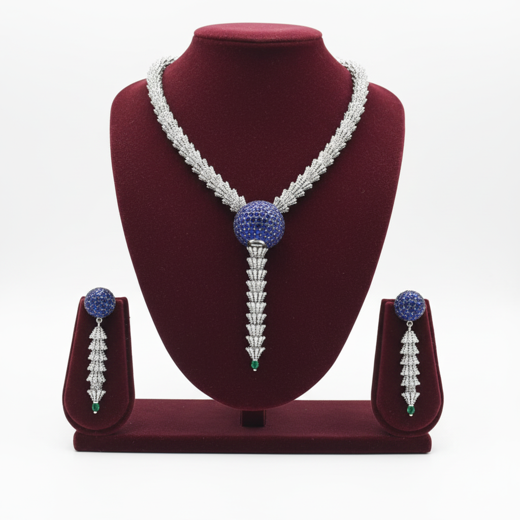 AD sapphire and emerald spiral shell necklace set on burgundy velvet display