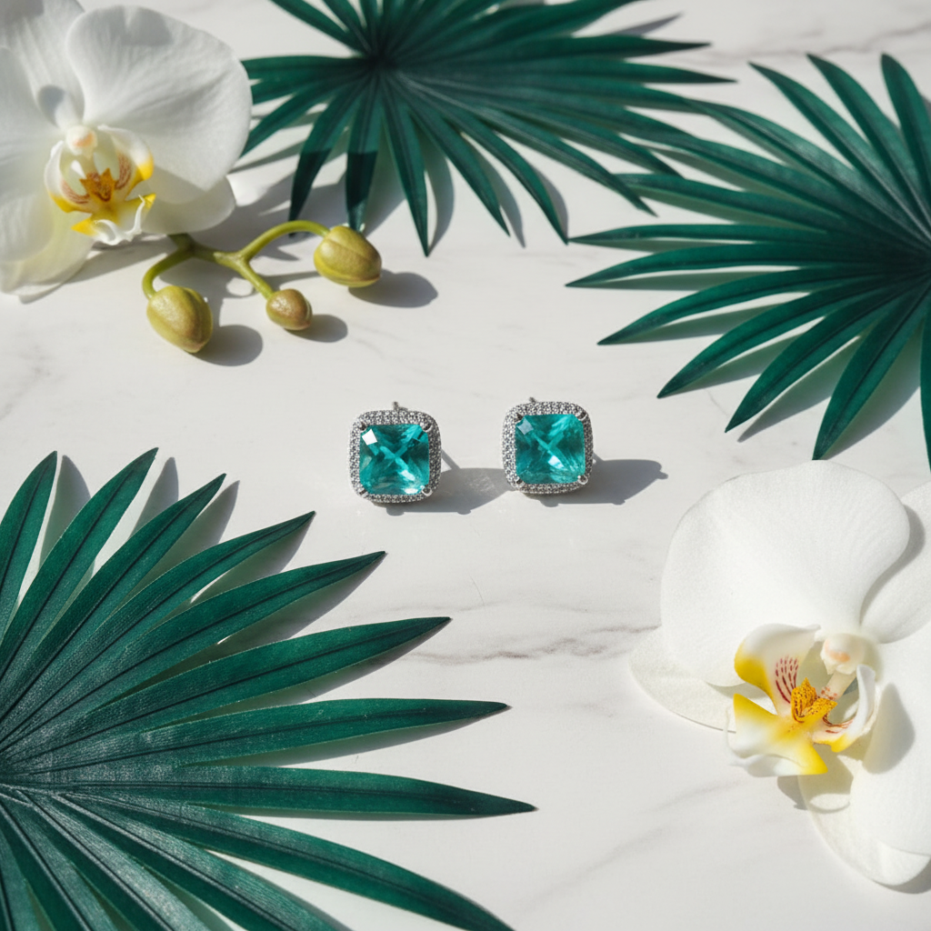 Teal turquoise CZ cushion square halo stud earrings on white marble with palm leaves and orchids - lifestyle style