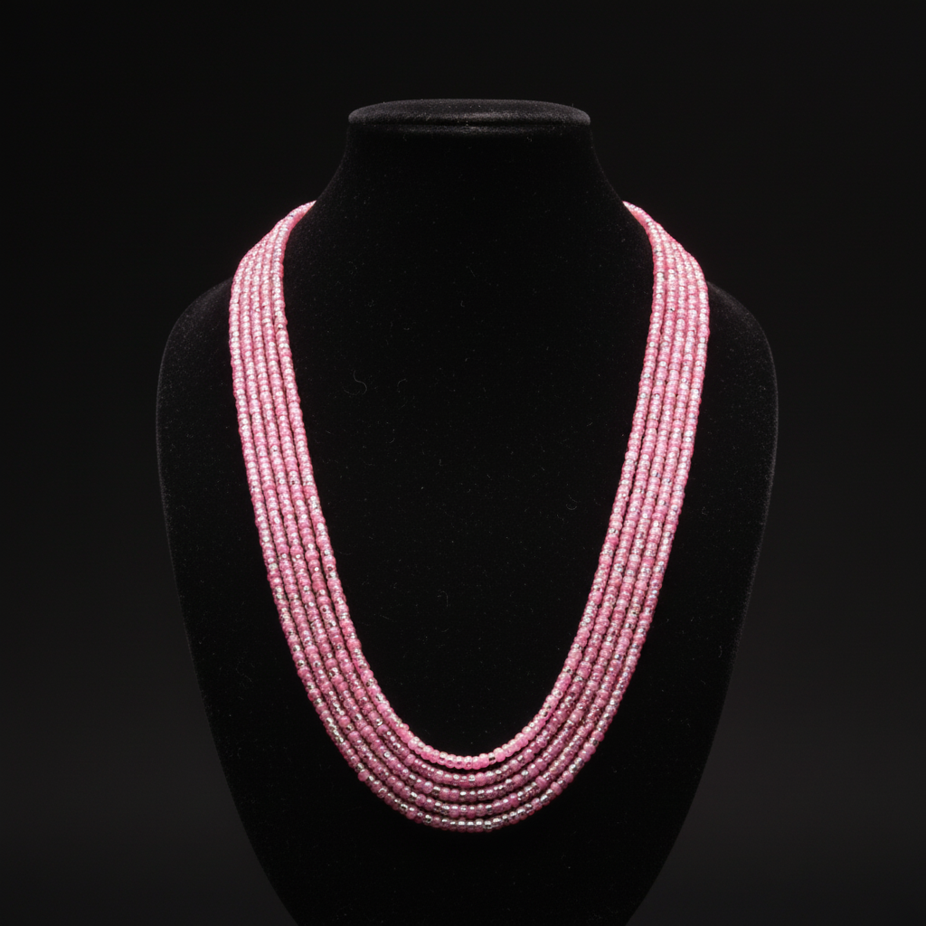 5-strand pink and silver seed bead necklace on dark velvet studio display