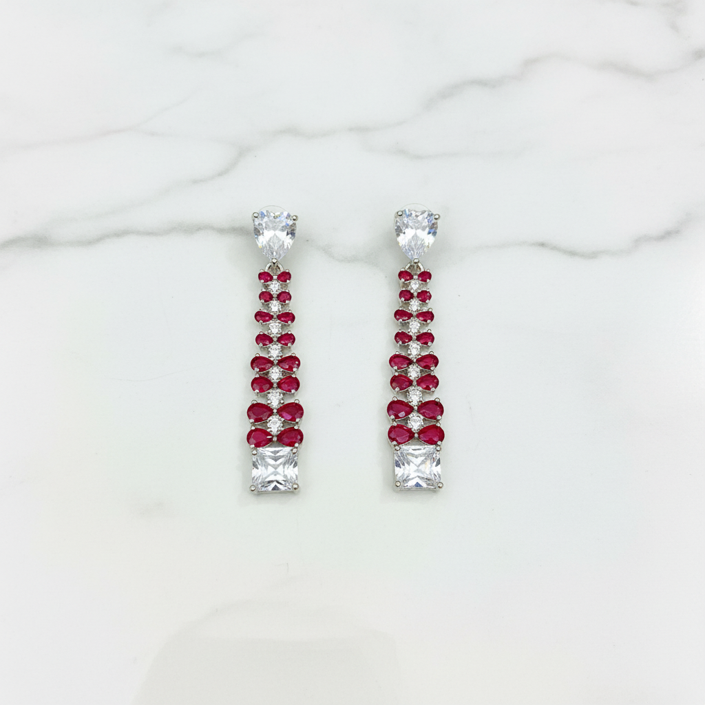 Silver AD Ruby Red Twin Column Drop Earrings - Studio Promotional Shot