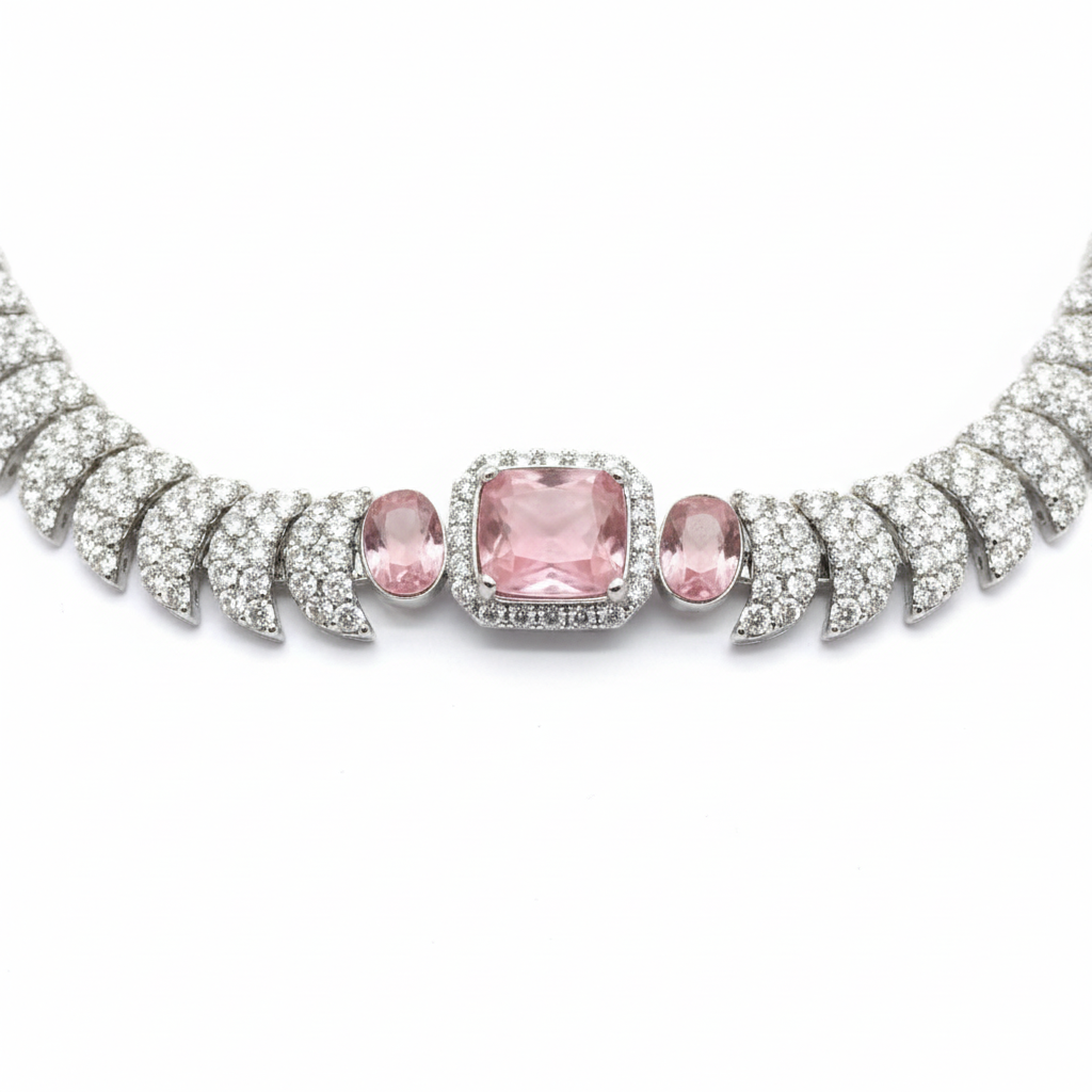 Close-up macro of AD pave discs and rose pink cushion-cut stones