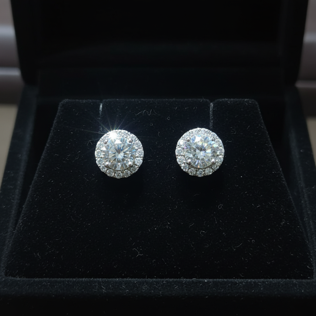 White CZ round cluster halo stud earrings on black velvet - dark editorial style