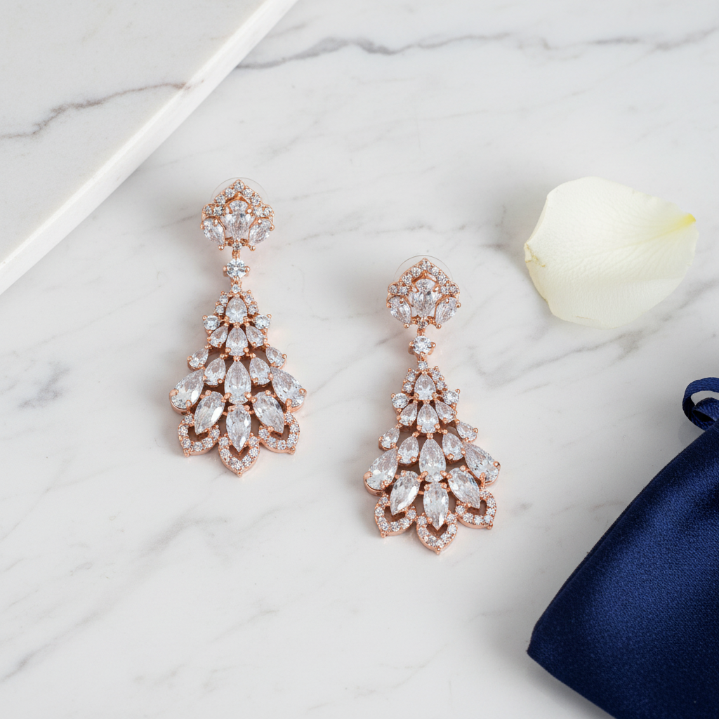 Rose Gold AD Diamond CZ Fan Chandelier Earrings - Studio Promotional Shot