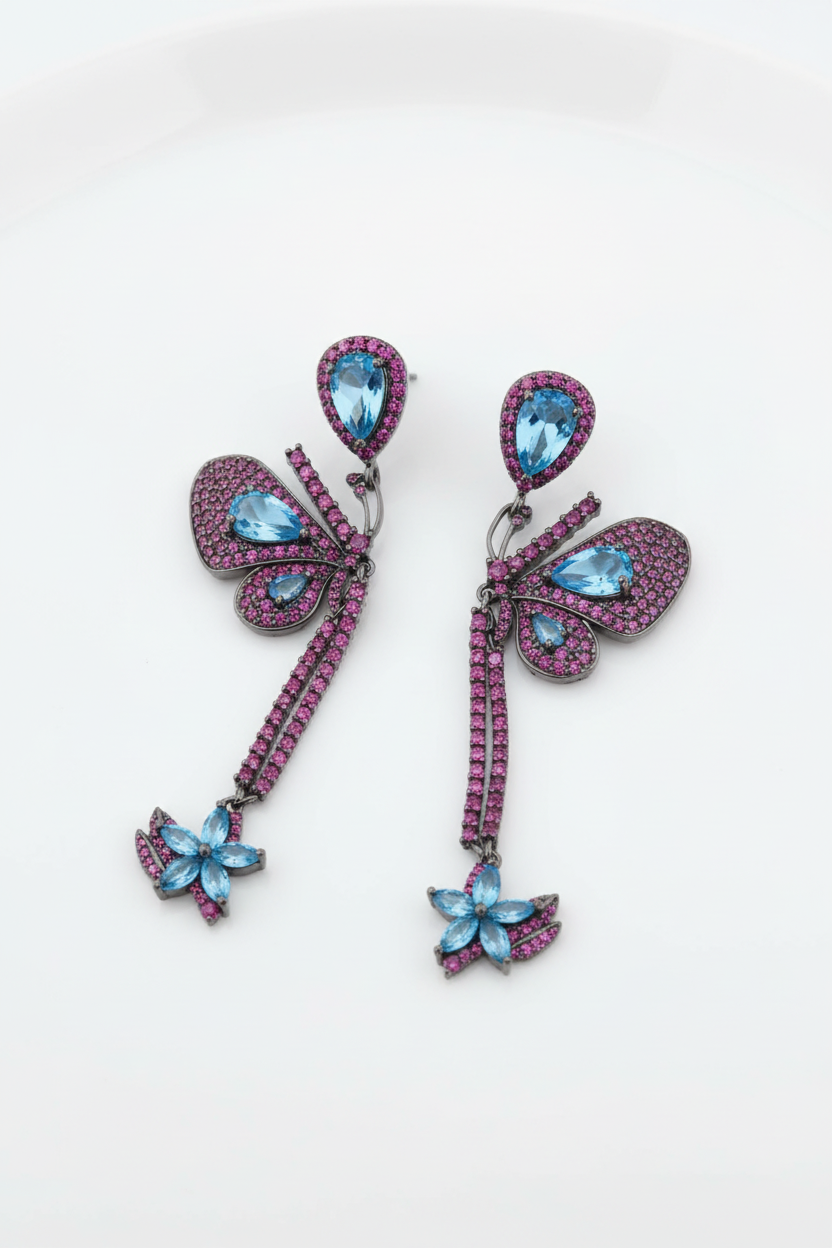 Purple Butterfly Blue Crystal Tassel Drop Earrings – white background studio promotional image