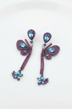 Purple Butterfly Blue Crystal Tassel Drop Earrings – white background studio promotional image