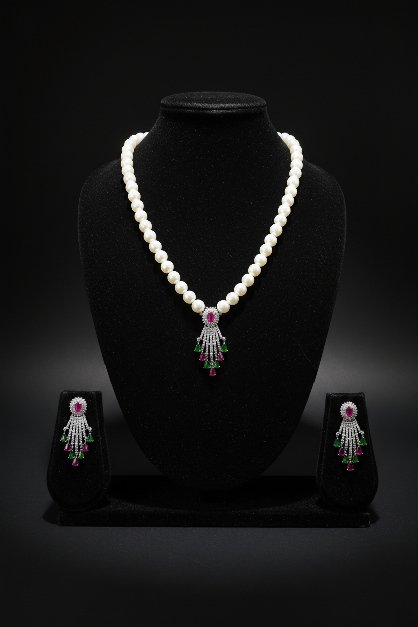 Pearl necklace with ruby and green AD tassel pendant set on dark velvet studio display