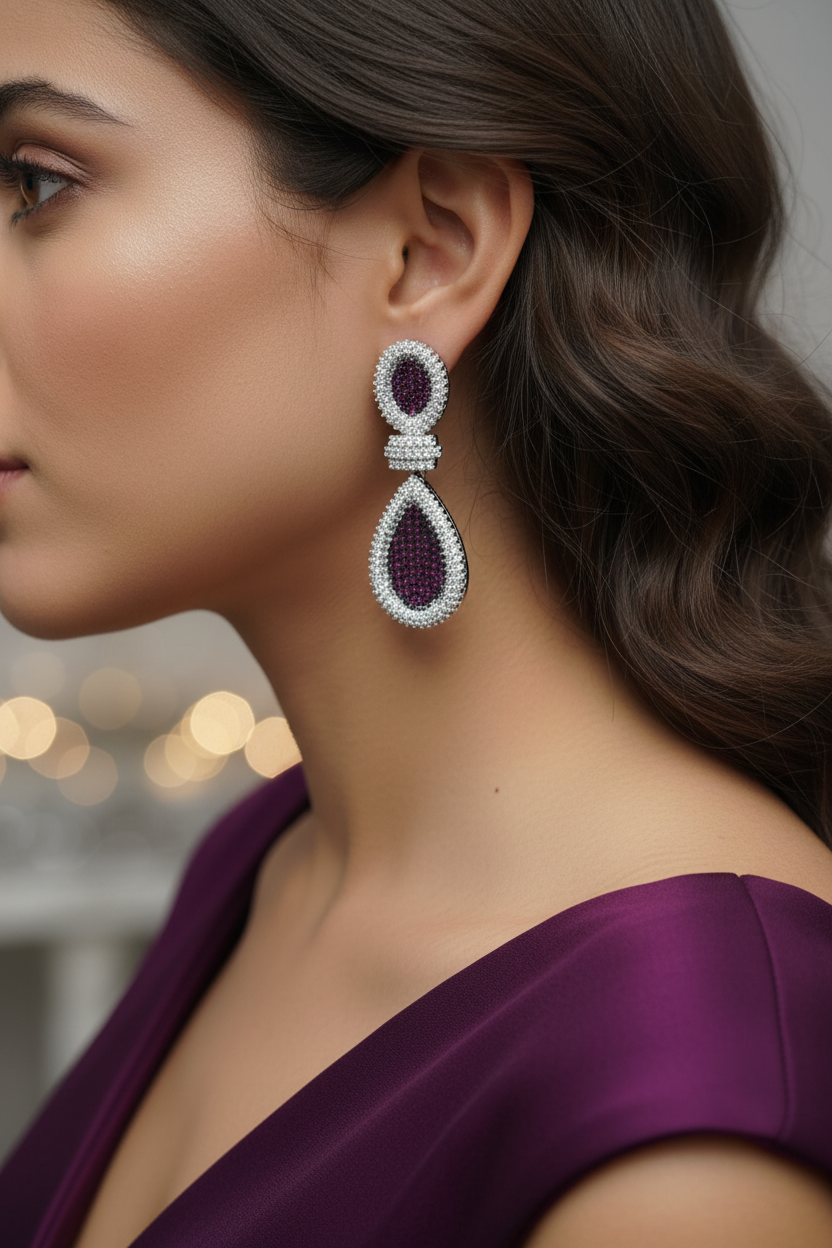 Amethyst Purple White CZ Double Teardrop Earrings – lifestyle editorial evening look
