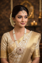 Bridal lifestyle — model wearing pearl and AD kundan floral heart pendant long necklace set