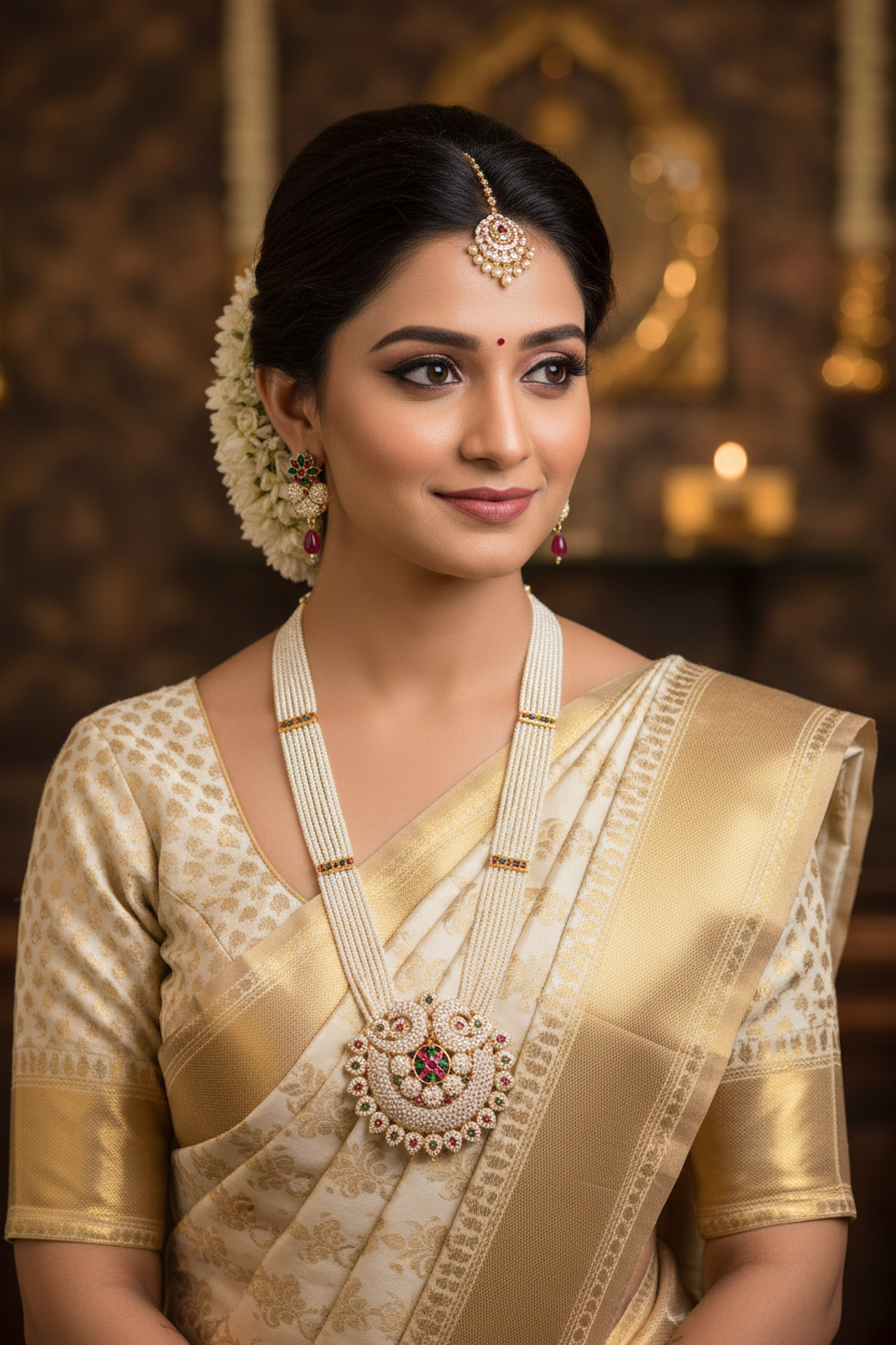 Bridal lifestyle — model wearing pearl and AD kundan floral heart pendant long necklace set