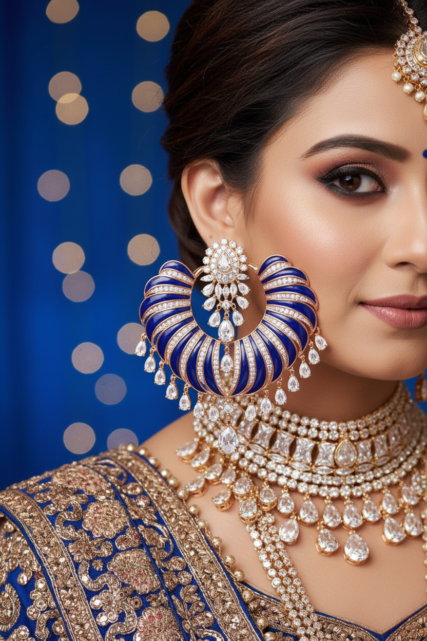Rose Gold AD Royal Blue Enamel Peacock Feather Wing Earrings - Bridal Lifestyle Editorial