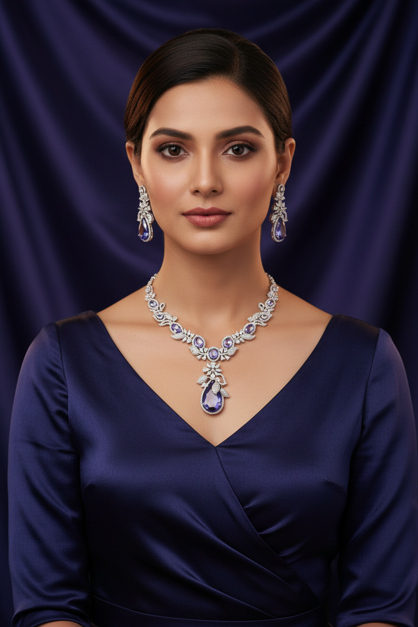 Lifestyle shot — model wearing white AD and tanzanite blue floral leaf pendant necklace set