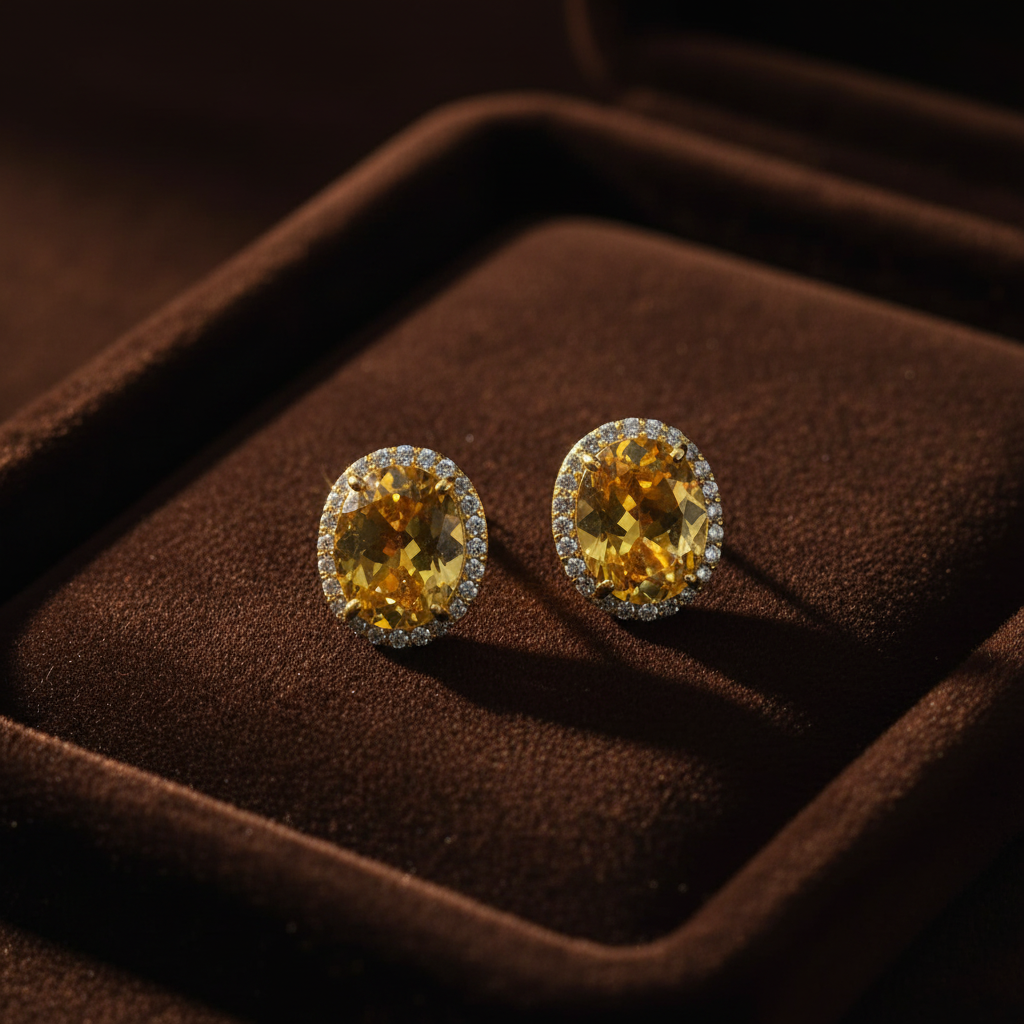 Golden citrine CZ oval halo stud earrings on espresso brown velvet - dark editorial style