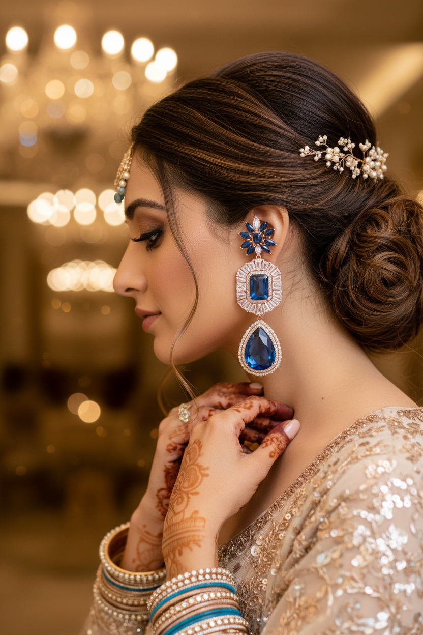 Rose Gold AD Sapphire Blue CZ Trapezoid Earrings - Bridal Lifestyle Editorial