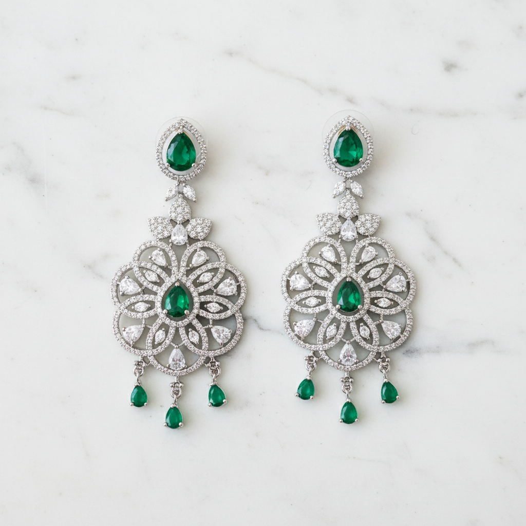 Silver AD Emerald Chandelier Earrings - Studio Promotional Shot