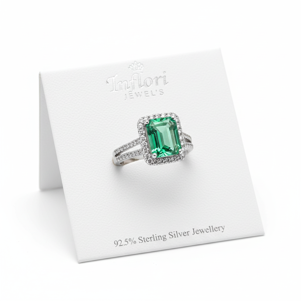 92.5 Sterling Silver Emerald-Cut Green Halo Ring studio product shot