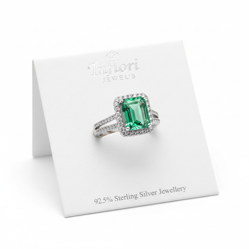 92.5 Sterling Silver Emerald-Cut Green Halo Ring studio product shot