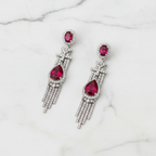 Silver AD Ruby Red CZ Teardrop & Diamond Chain Tassel Drop Earrings - Studio Promotional Shot