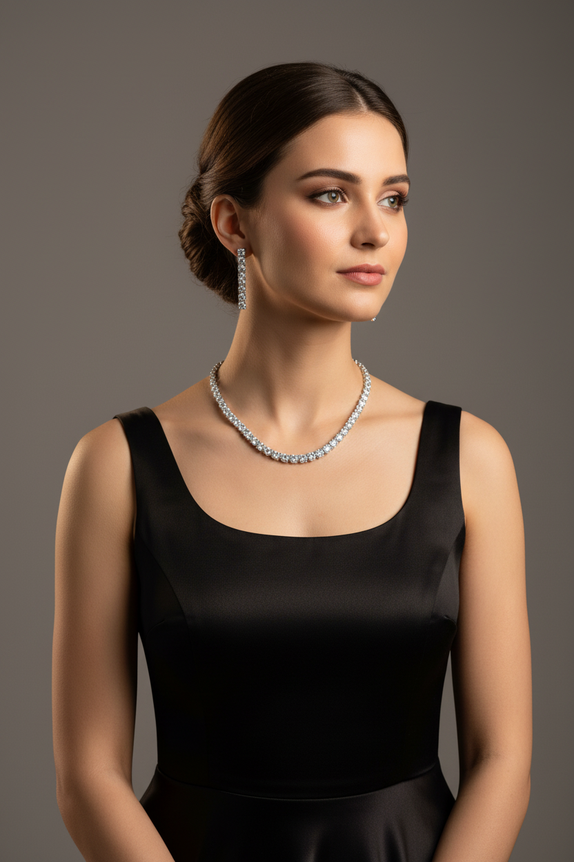 Lifestyle shot — model wearing white AD round brilliant graduated tennis necklace set with stud earrings