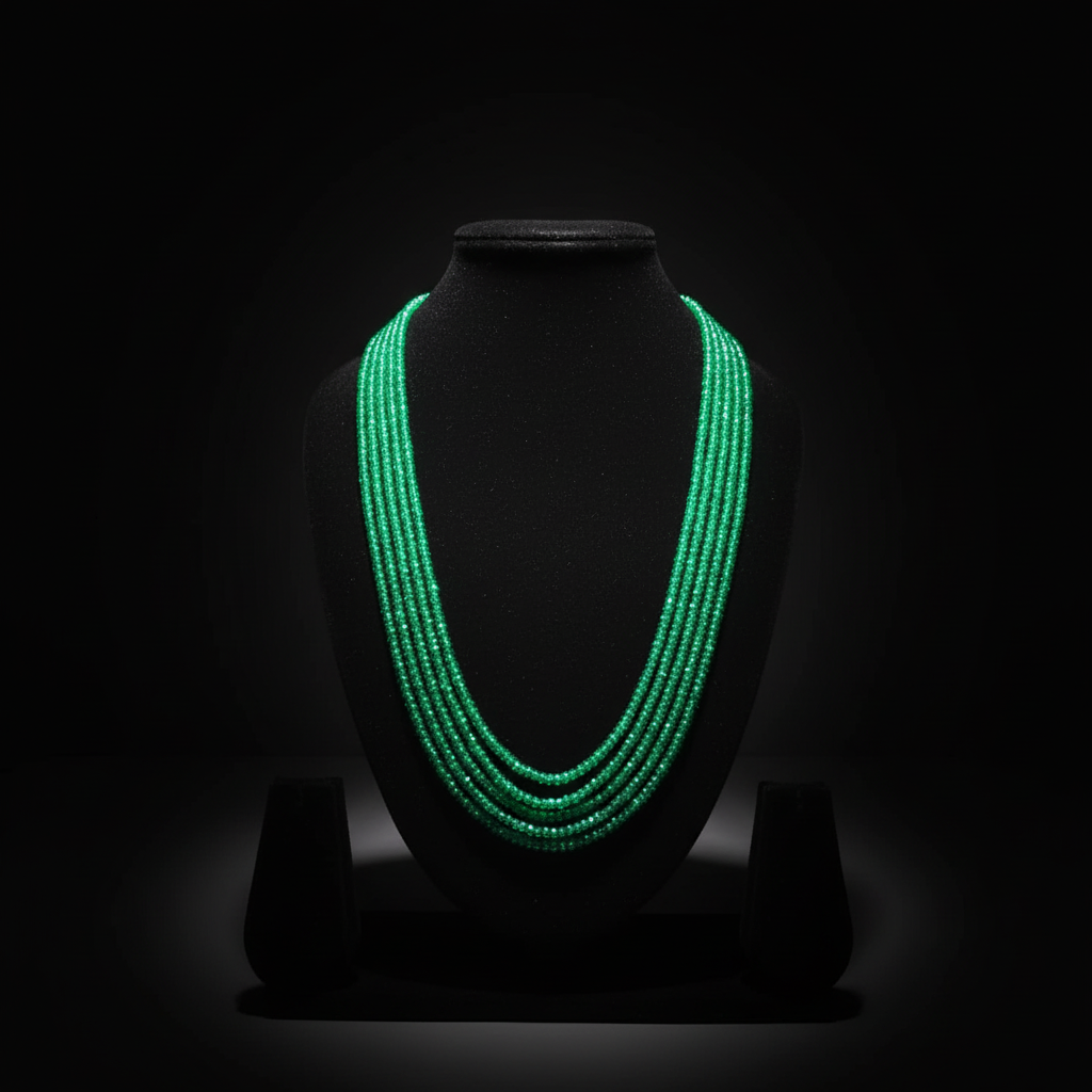 5-strand emerald green crystal bead necklace on dark velvet studio display