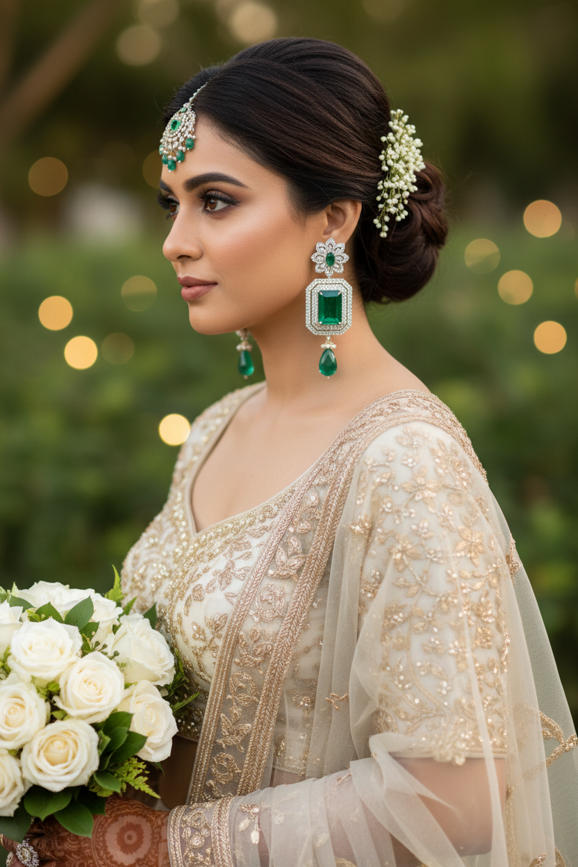 Silver AD Emerald Green CZ Bell Drop Earrings - Bridal Lifestyle Editorial