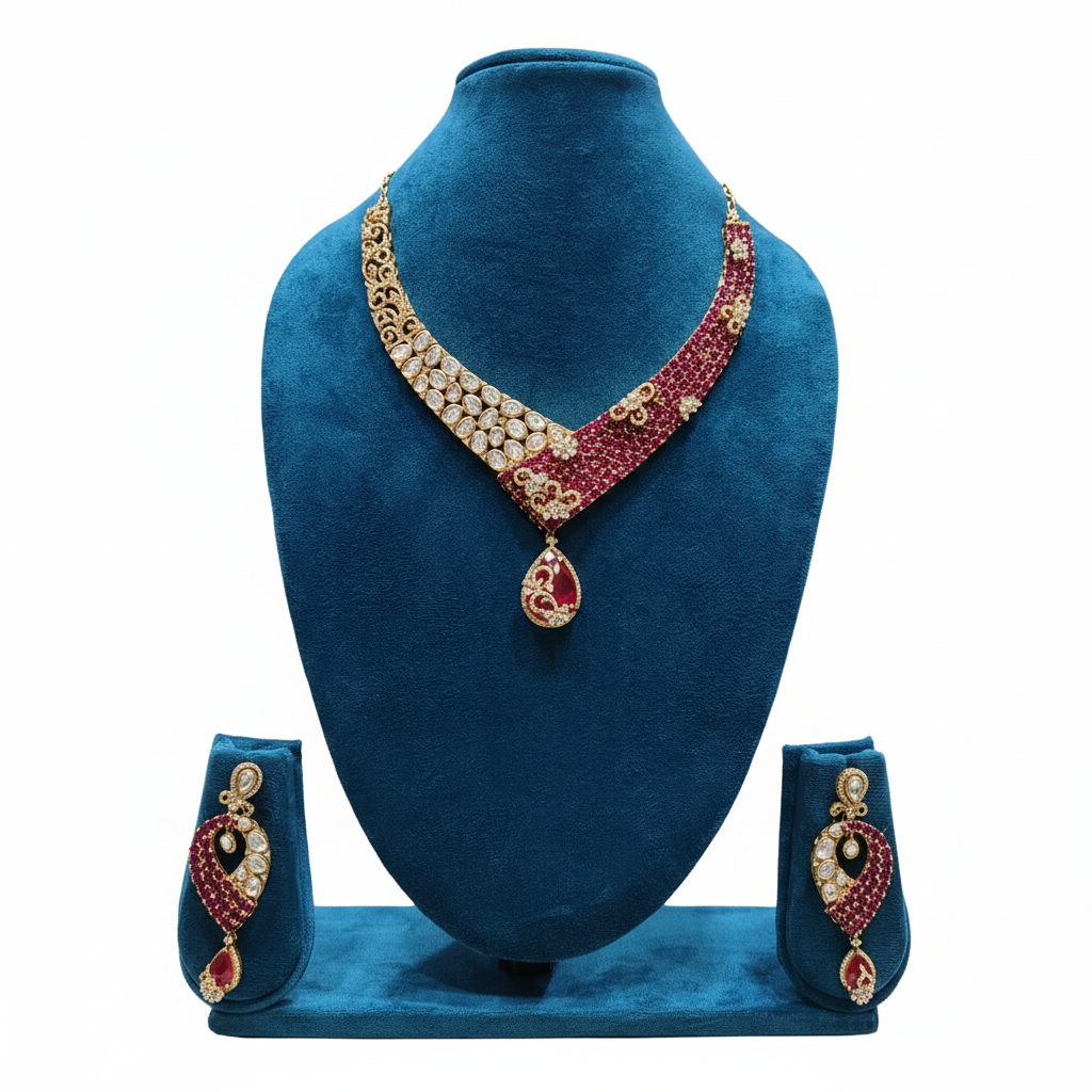 Ruby Polki Kundan Necklace Set promotional image on white background