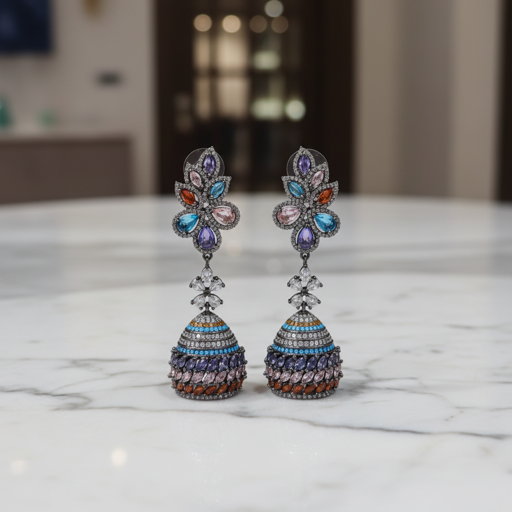 Multicolour CZ Fan Crown Jhumka Earrings – luxury flat lay