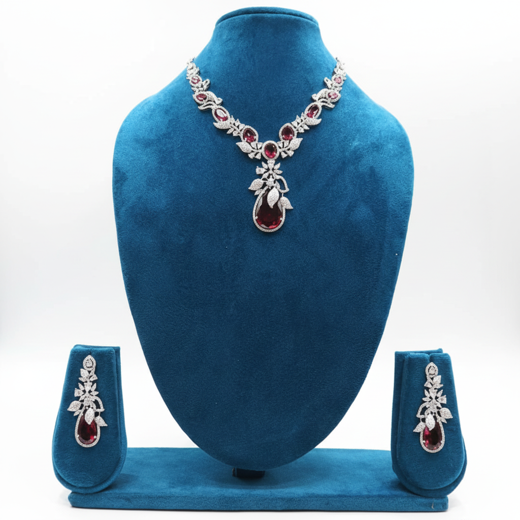 White AD and garnet red floral leaf pendant necklace set on teal velvet display