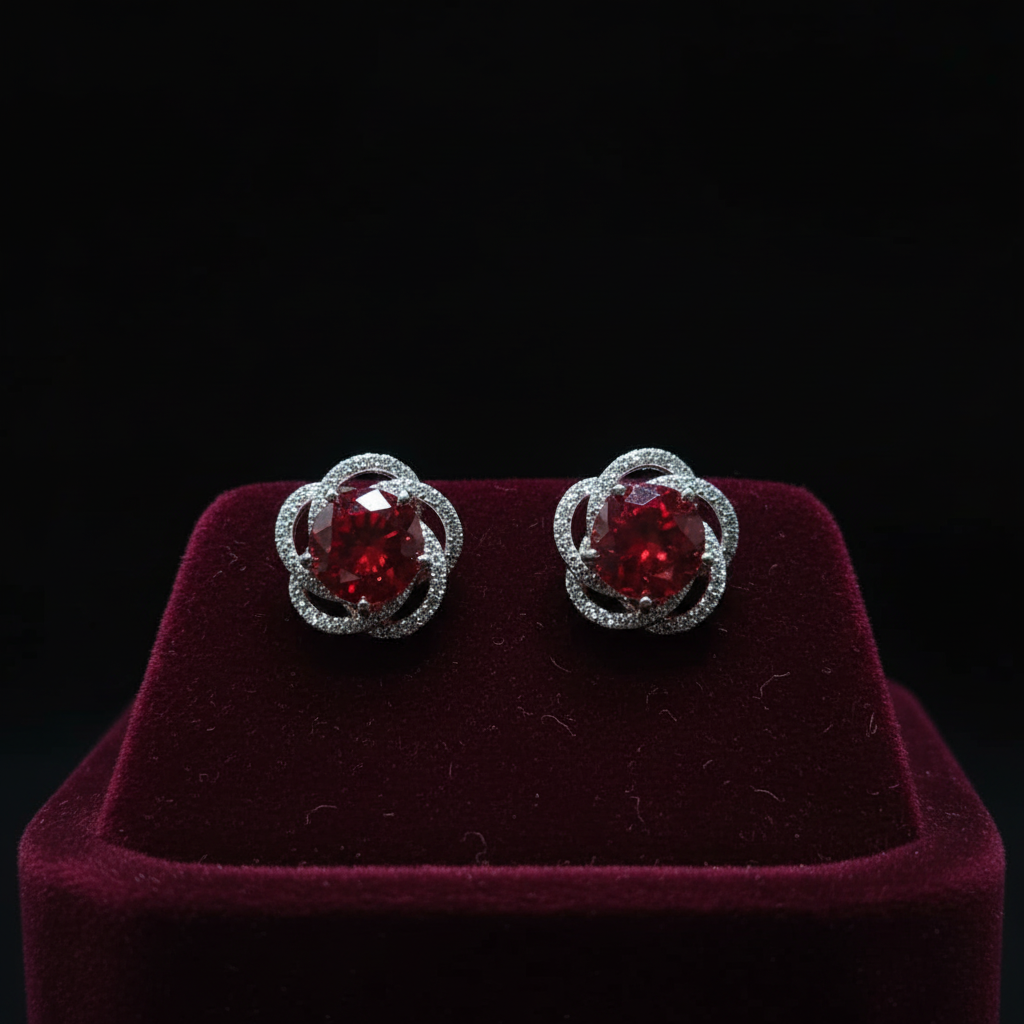 Ruby red CZ floral frame stud earrings on burgundy velvet - dark editorial style
